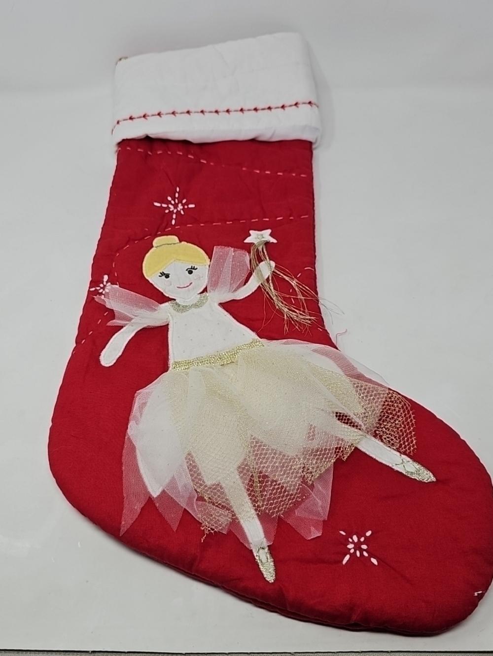 Pottery Barn Red Christmas Stocking with Gold Fairy Tulle
